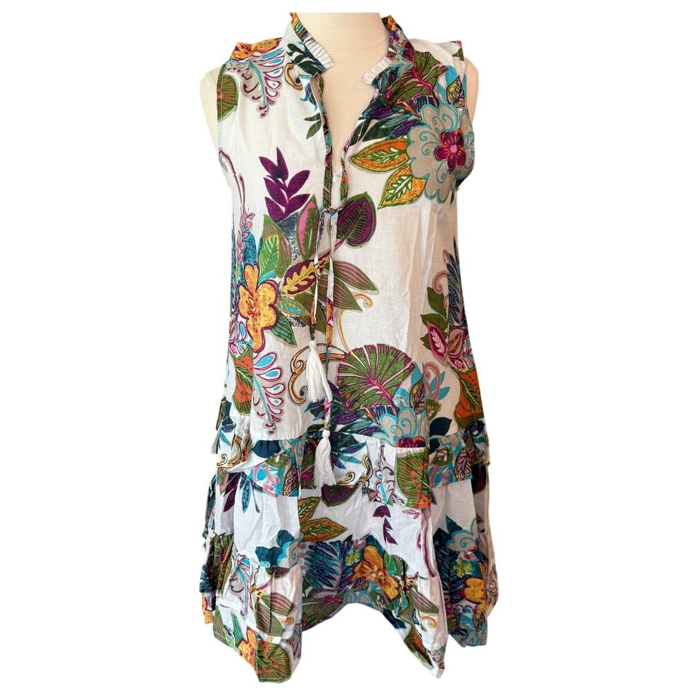Raga White Floral Ruffled Tiered Mini Dress Tassels Sz Med New Sample Piece Boho